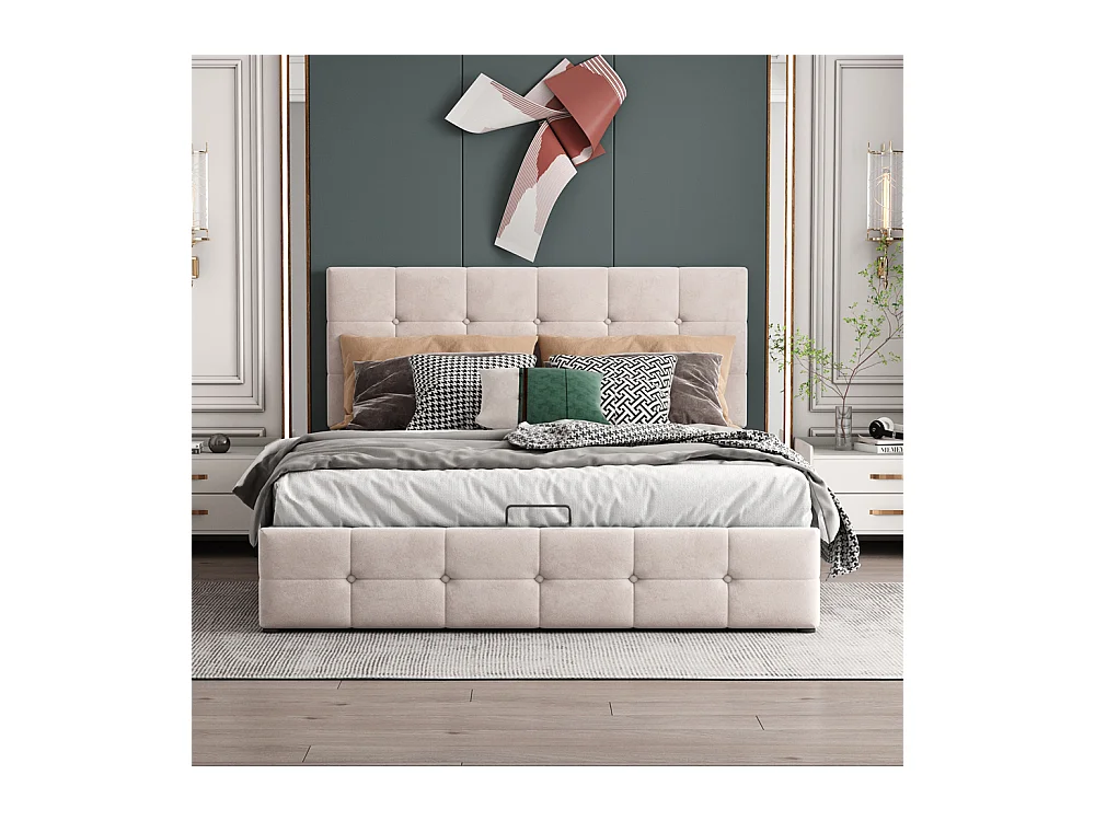 Lit adulte lit 140x200 cm lit rembourré hydraulique lit de rangement lit double velours blanc crème