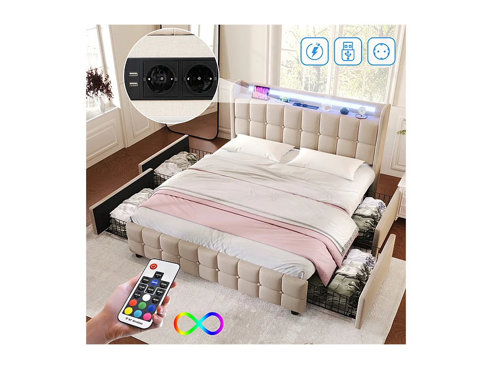 Lit rembourré 160x200 cm lit de rangement lit 4 tiroirs lit éclairage led lit sommier à lattes en bois lit double lin beige