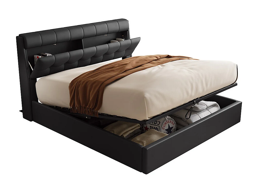 Lit adulte lit 140x200 cm lit rembourré hydraulique lit double avec sommier à lattes pu noir