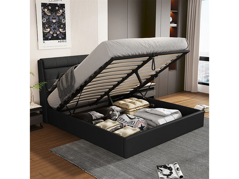 Lit adulte lit 140x200 cm lit rembourré hydraulique lit double avec sommier à lattes pu noir