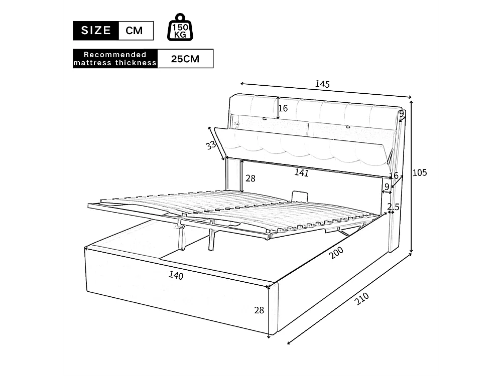 Lit adulte lit 140x200 cm lit rembourré hydraulique lit double avec sommier à lattes pu noir