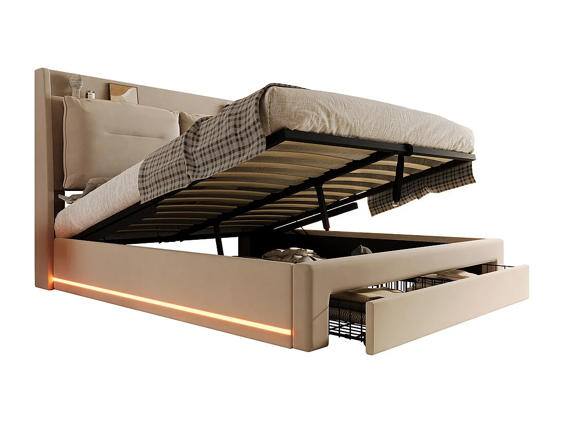 Hydraulisch gestoffeerd bed 160x200cm, opberglades, met lattenbodem, zonder matras, fluweel, beige