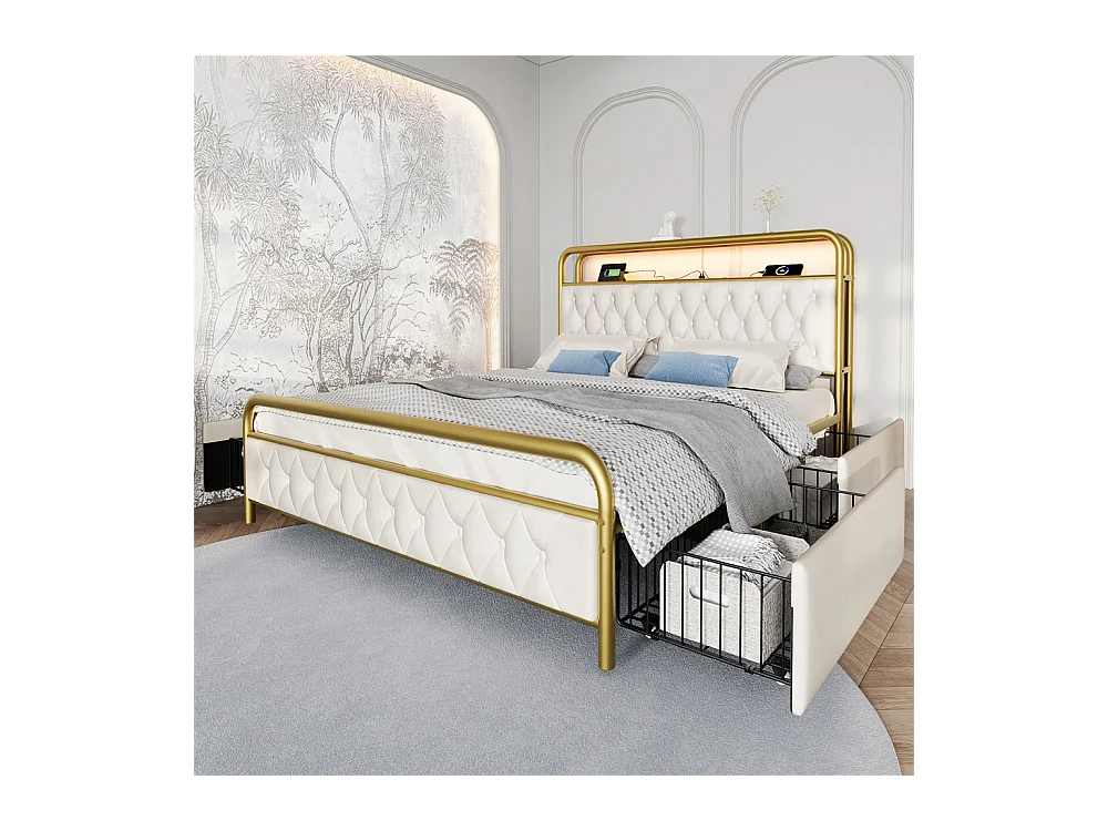 Volwassen bed 160x200 cm gestoffeerd bed met 4 lades tweepersoonsbed wit fluweel