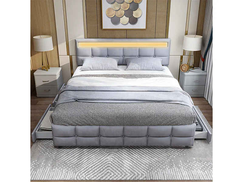 Lit adulte lit 180x200 cm lit led-rembourré lit 4 tiroirs lit sommier à lattes lit double velours gris