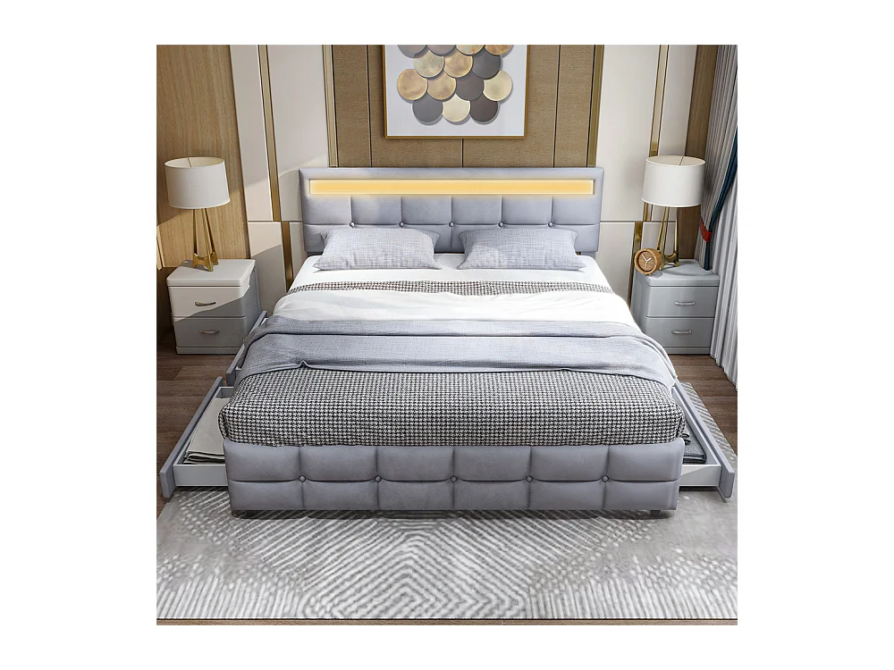 Lit adulte lit 180x200 cm lit led-rembourré lit 4 tiroirs lit sommier à lattes lit double velours gris
