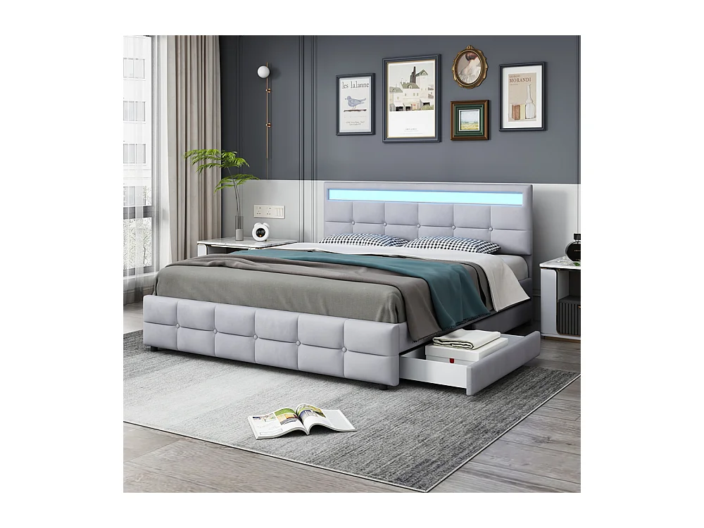 Lit adulte lit 180x200 cm lit led-rembourré lit 4 tiroirs lit sommier à lattes lit double velours gris