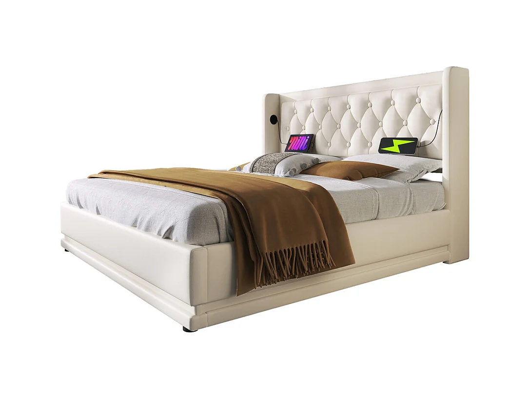 Hydraulisch gestoffeerd bed 160x200cm opbergbed tweepersoonsbed met usb type-c oplaadfunctie pu hoofdeinde wit