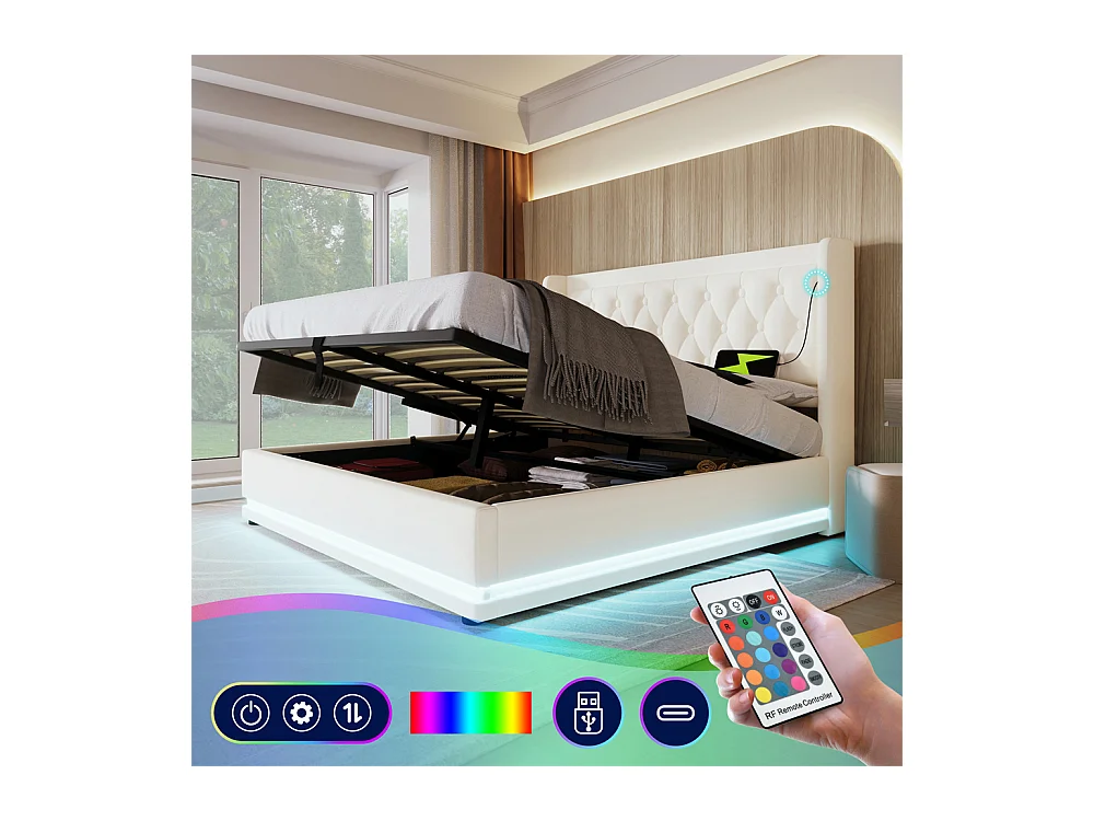 Hydraulisch gestoffeerd bed 160x200cm opbergbed tweepersoonsbed met usb type-c oplaadfunctie pu hoofdeinde wit