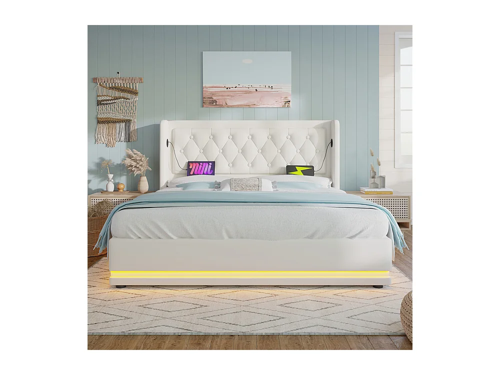 Hydraulisch gestoffeerd bed 160x200cm opbergbed tweepersoonsbed met usb type-c oplaadfunctie pu hoofdeinde wit