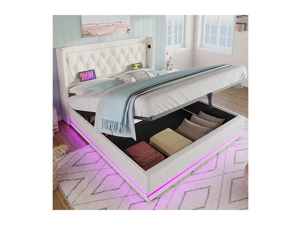 Hydraulisch gestoffeerd bed 160x200cm opbergbed tweepersoonsbed met usb type-c oplaadfunctie pu hoofdeinde wit