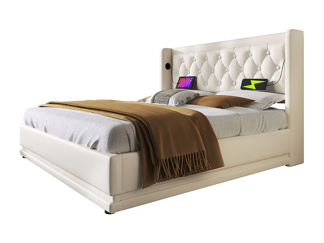 Hydraulisch gestoffeerd bed 160x200cm opbergbed tweepersoonsbed met usb type-c oplaadfunctie pu hoofdeinde wit