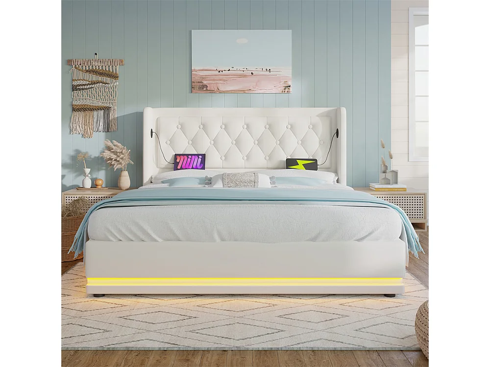 Hydraulisch gestoffeerd bed 160x200cm opbergbed tweepersoonsbed met usb type-c oplaadfunctie pu hoofdeinde wit