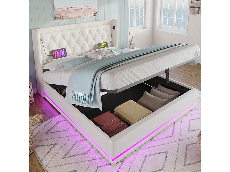 Hydraulisch gestoffeerd bed 160x200cm opbergbed tweepersoonsbed met usb type-c oplaadfunctie pu hoofdeinde wit