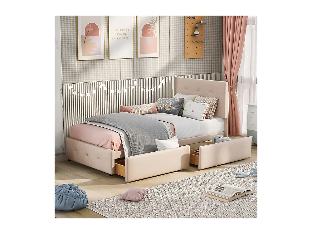 Lit adulte lit 90x200 cm lit rembourré lit 2 tiroirs lit sommier à lattes Single tissu en velours beige foncé
