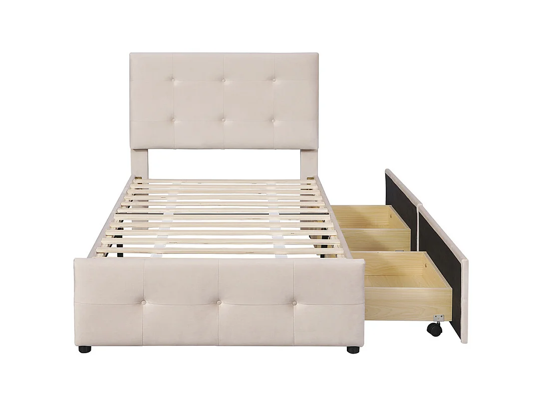 Lit adulte lit 90x200 cm lit rembourré lit 2 tiroirs lit sommier à lattes Single tissu en velours beige foncé