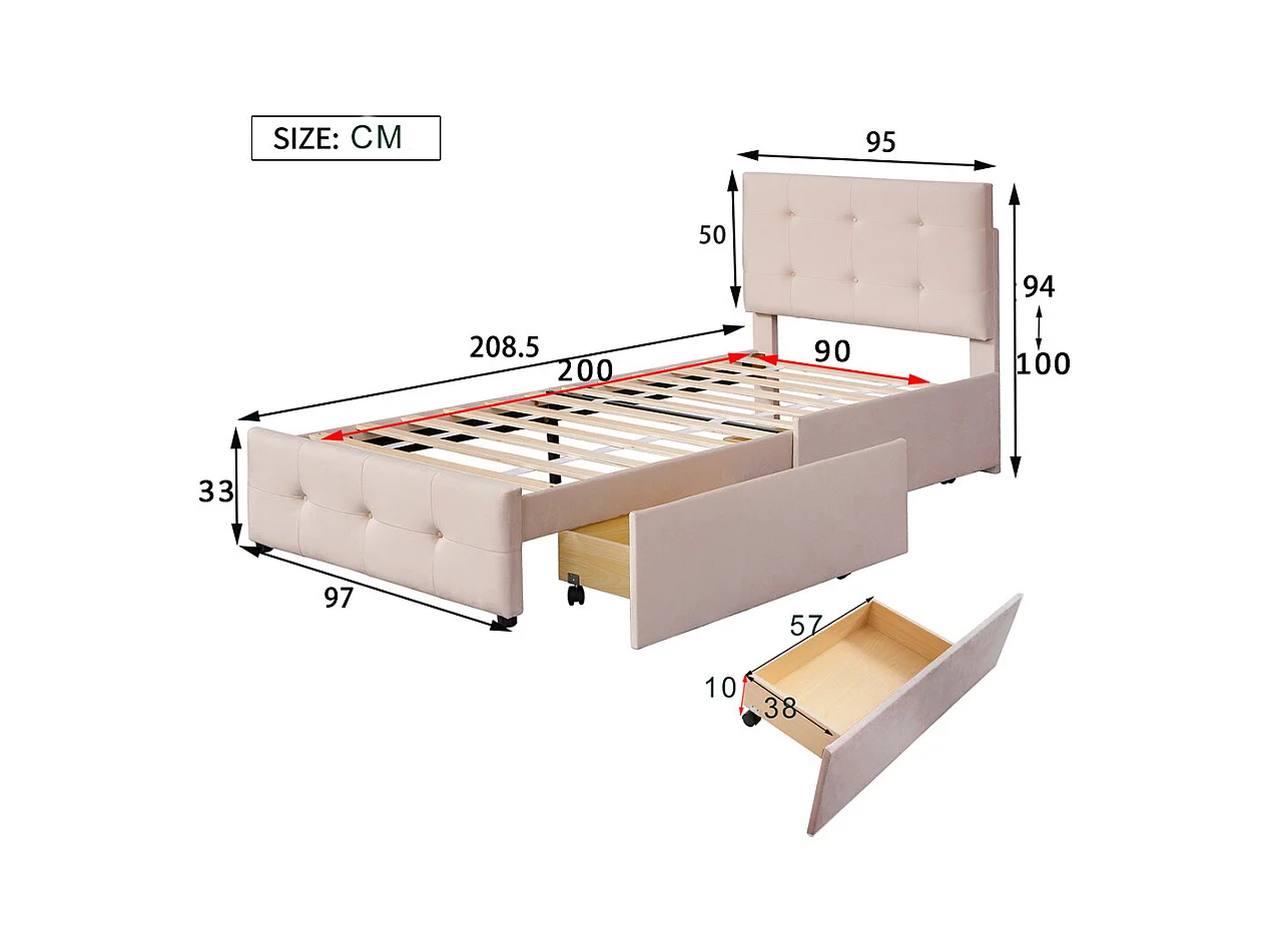 Lit adulte lit 90x200 cm lit rembourré lit 2 tiroirs lit sommier à lattes Single tissu en velours beige foncé