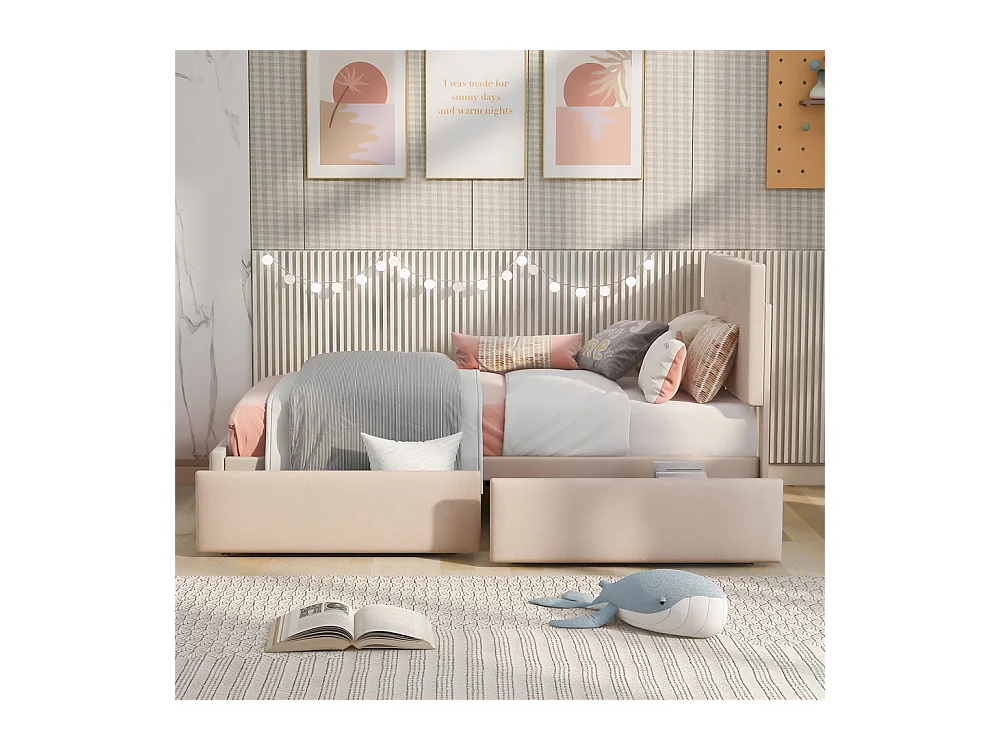 Lit adulte lit 90x200 cm lit rembourré lit 2 tiroirs lit sommier à lattes Single tissu en velours beige foncé