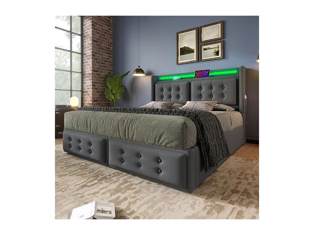 Volwassen bed 180x200 cm hydraulisch gestoffeerd bed met houten onderstel tweepersoonsbed katoen linnen grijs