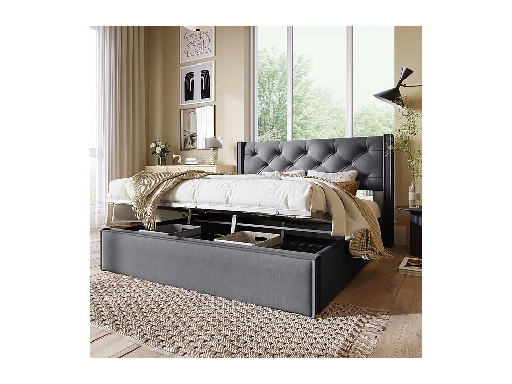 Volwassen bed 160x200cm hydraulisch gewatteerd bed opbergbed tweepersoonsbed katoen grijs