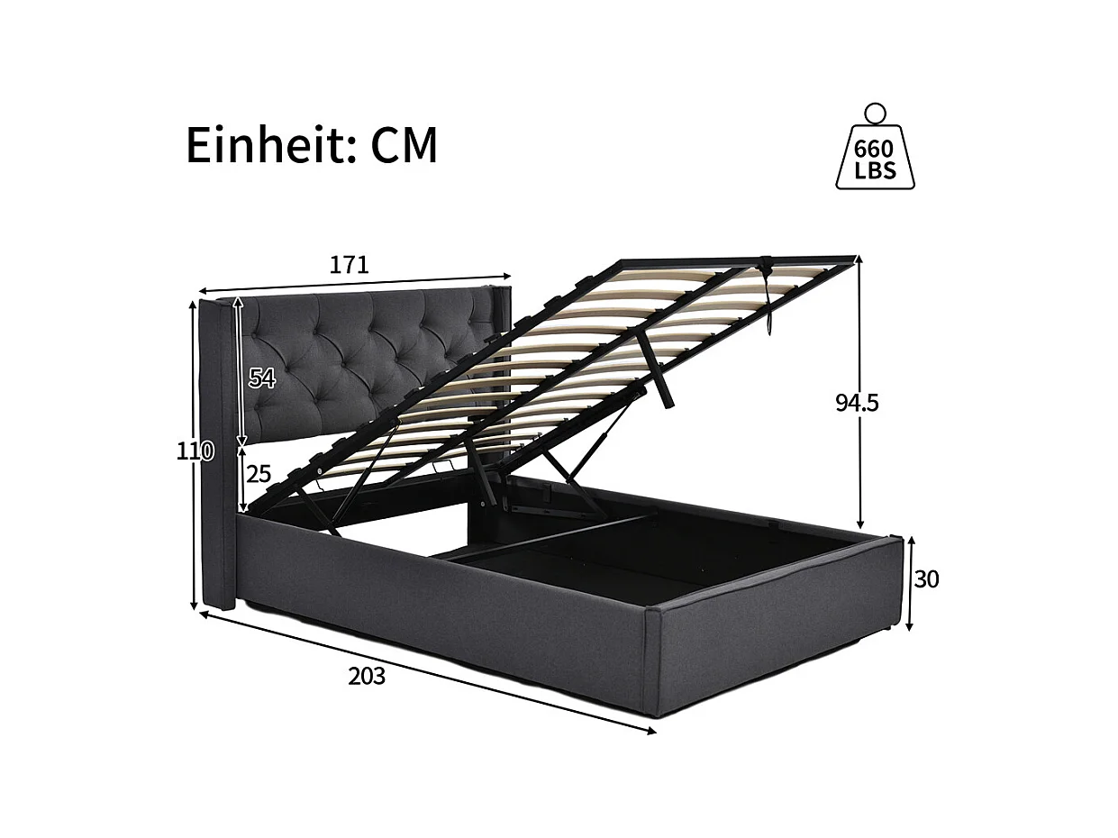 Volwassen bed 160x200cm hydraulisch gewatteerd bed opbergbed tweepersoonsbed katoen grijs