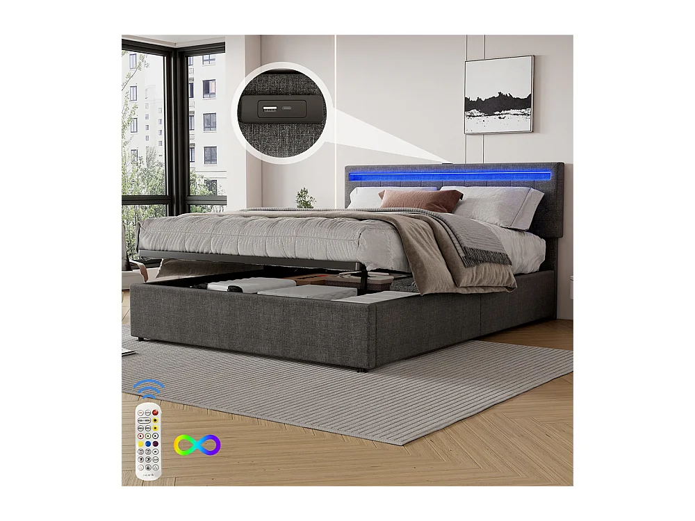 Lit adulte lit 160x200 cm lit rembourré lit de rangement avec lumière ambiante lit double lin gris