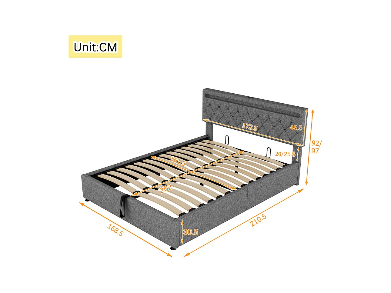 Lit adulte lit 160x200 cm lit rembourré lit de rangement avec lumière ambiante lit double lin gris
