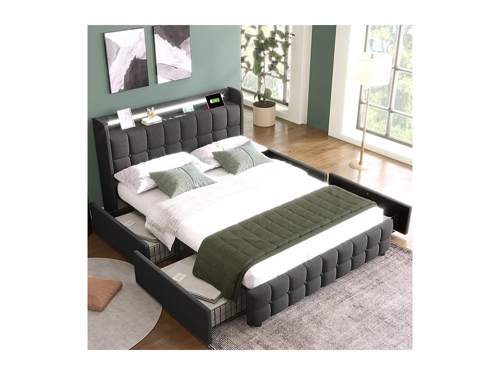 Lit rembourré 180x200 cm lit de rangement lit 4 tiroirs lit éclairage led lit sommier à lattes en bois lit double lin gris