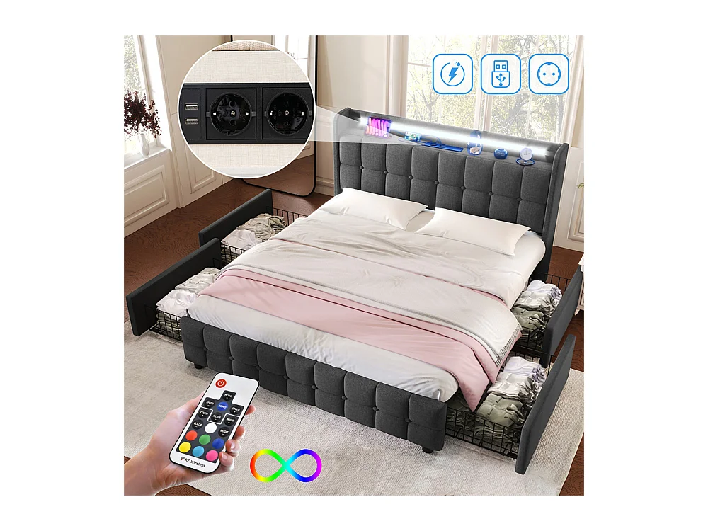 Lit rembourré 180x200 cm lit de rangement lit 4 tiroirs lit éclairage led lit sommier à lattes en bois lit double lin gris