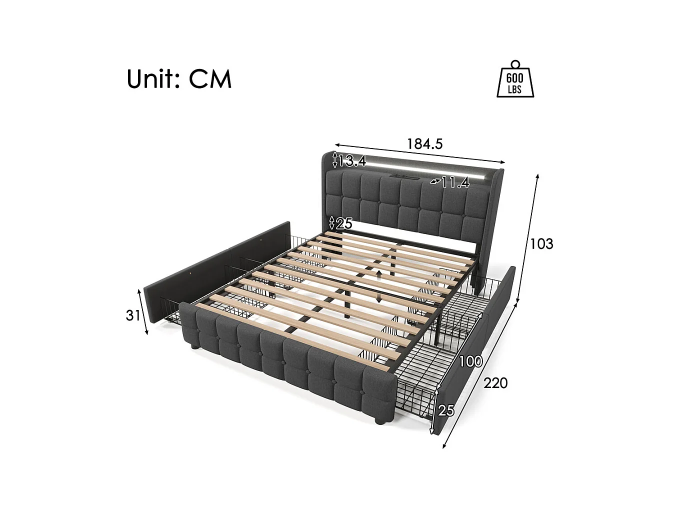 Lit rembourré 180x200 cm lit de rangement lit 4 tiroirs lit éclairage led lit sommier à lattes en bois lit double lin gris