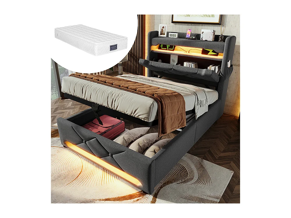 Hydraulisch bed 90x200cm, eenpersoonsbed, opbergruimte, hoofdeinde met USB- en Type C-aansluiting, linnen, grijs, met matras
