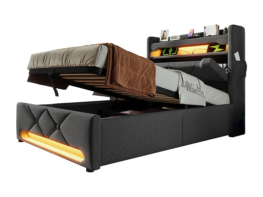 Hydraulisch bed 90x200cm, eenpersoonsbed, opbergruimte, hoofdeinde met USB- en Type C-aansluiting, linnen, grijs, met matras