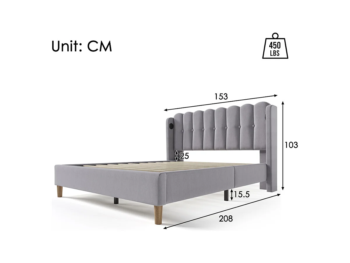 Lit adulte lit 140x200 cm lit rembourré avec fonction de charge usb type c lit double lin gris