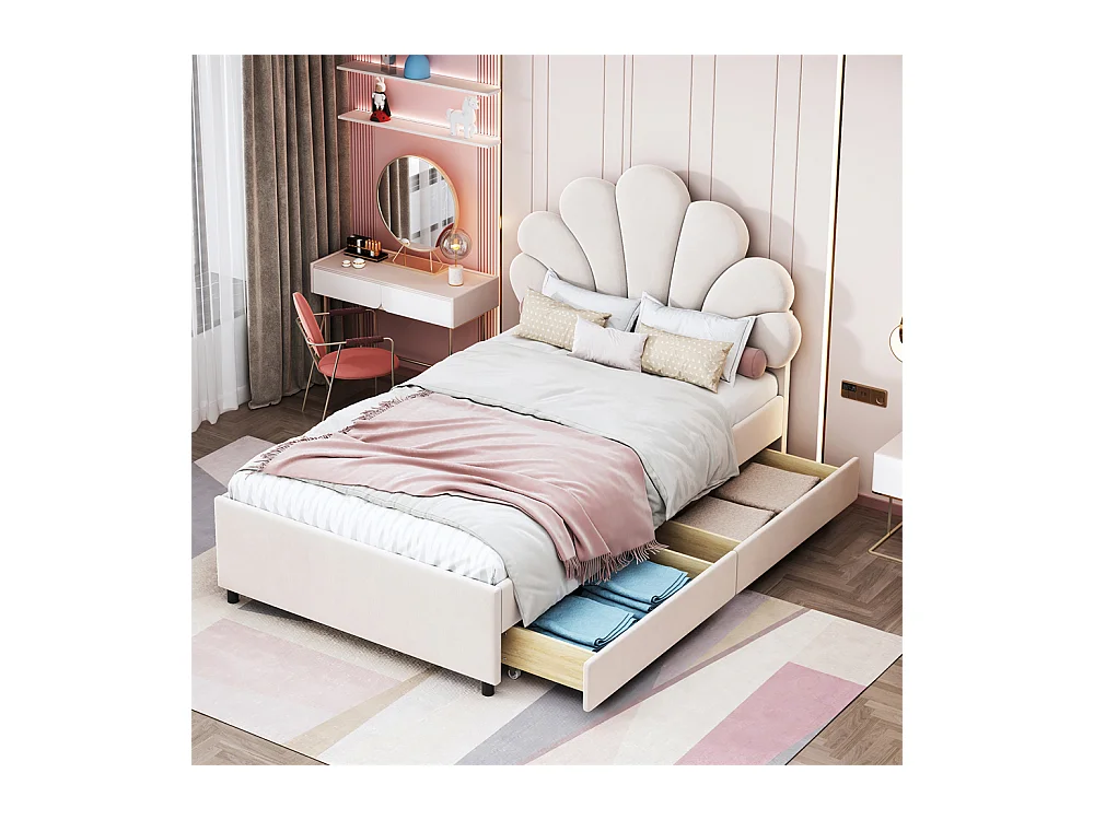 Volwassen bed 90x200 cm bed gestoffeerd bedframe bed met lattenbodem bed 2 opbergvakken Eenpersoonsbed beige fluweel