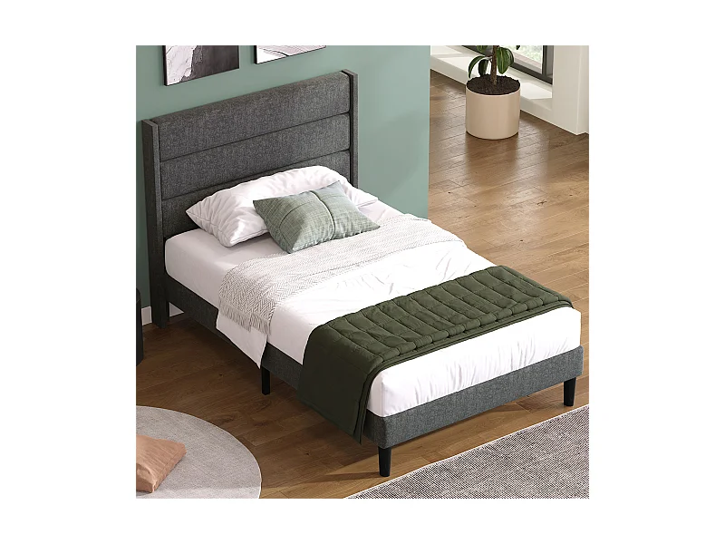 Lit rembourré lit double 90x200 cm, cadre de lit avec sommier à lattes et tête de lit, lit d'enfant, lin, gris