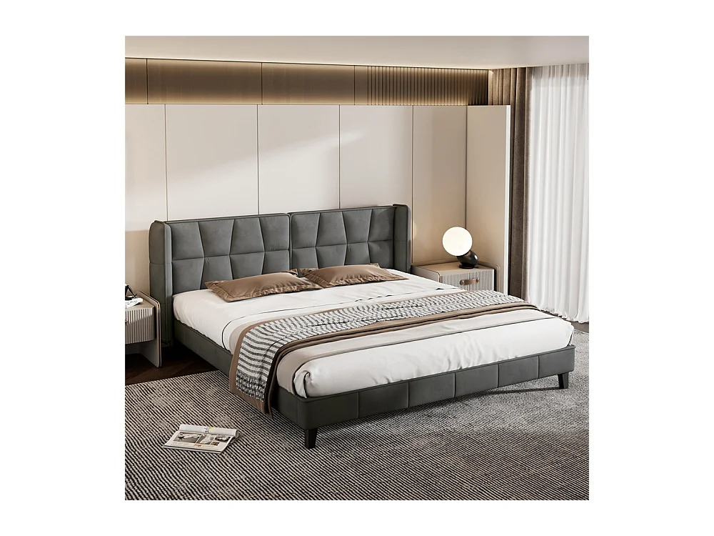 Lit adulte lit 180x200cm lit rembourré avec sommier à lattes lit double velours gris