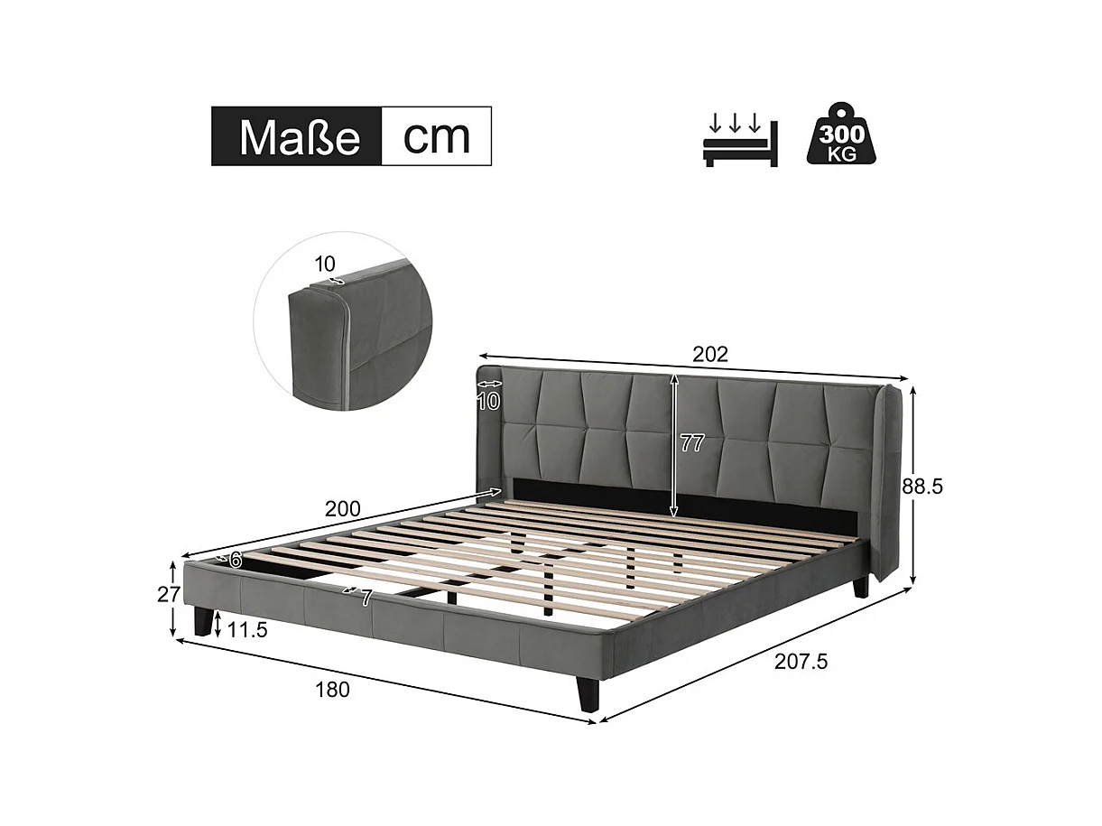 Lit adulte lit 180x200cm lit rembourré avec sommier à lattes lit double velours gris