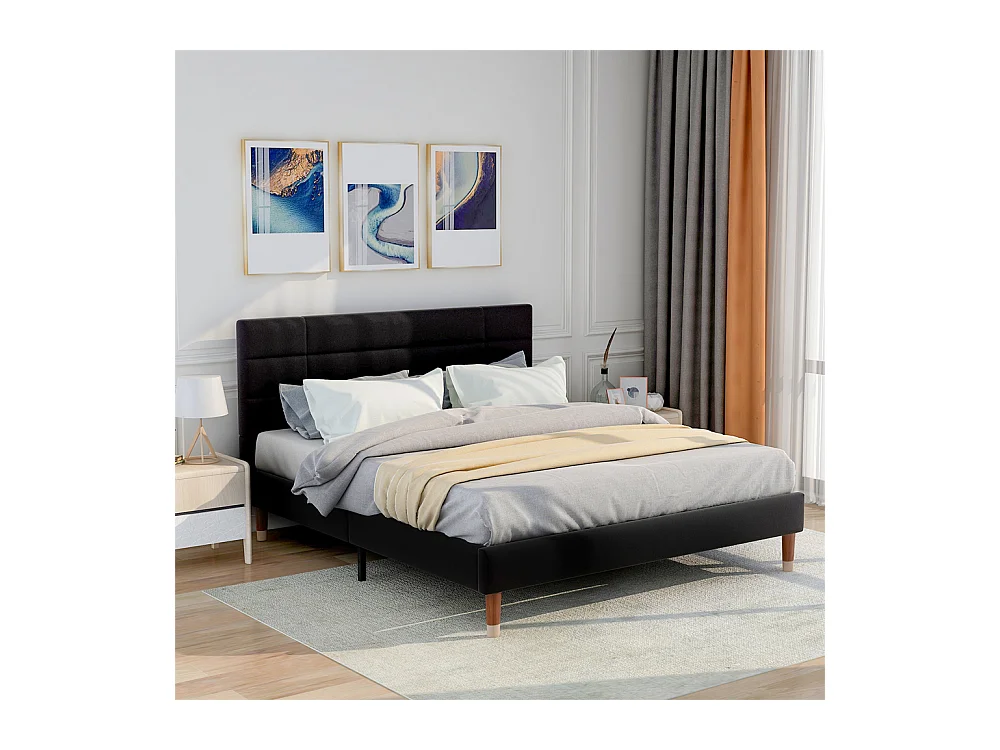 Gestoffeerd tweepersoonsbed 140x200cm, met lattenbodem, voor volwassenen en tieners, linnen, zwart