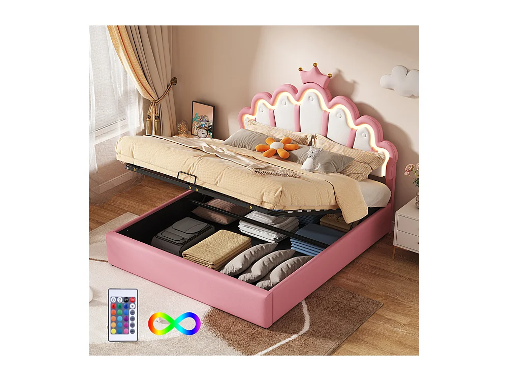 Lit adulte lit 140x200 cm lit rembourré lit de princesse éclairage d'ambiance réglable lit double pu rose