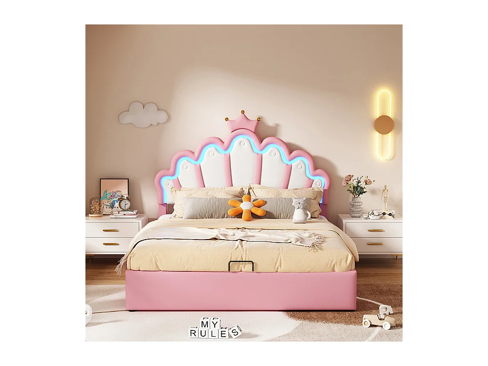 Lit adulte lit 140x200 cm lit rembourré lit de princesse éclairage d'ambiance réglable lit double pu rose