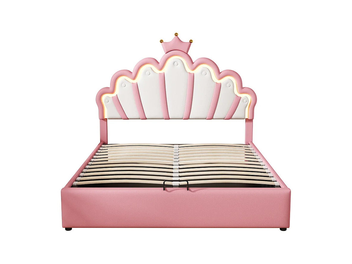 Lit adulte lit 140x200 cm lit rembourré lit de princesse éclairage d'ambiance réglable lit double pu rose