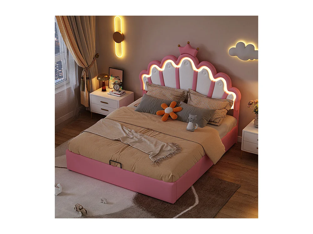Lit adulte lit 140x200 cm lit rembourré lit de princesse éclairage d'ambiance réglable lit double pu rose