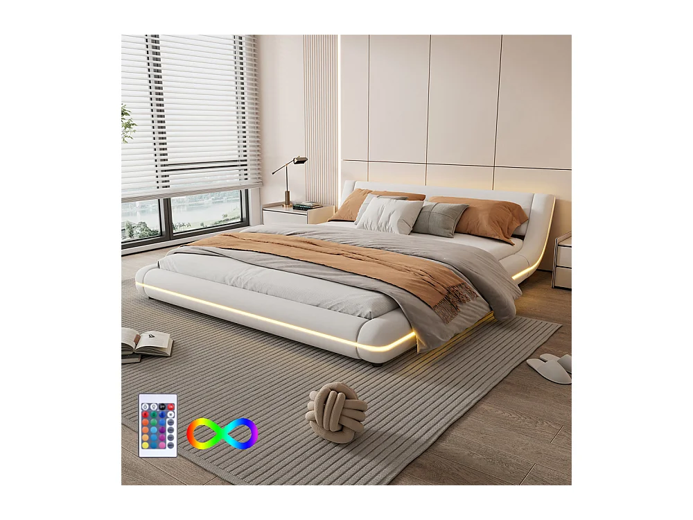 Volwassen bed 160x200 cm vloerbed met sfeervolle LED-verlichting tweepersoonsbed pu wit