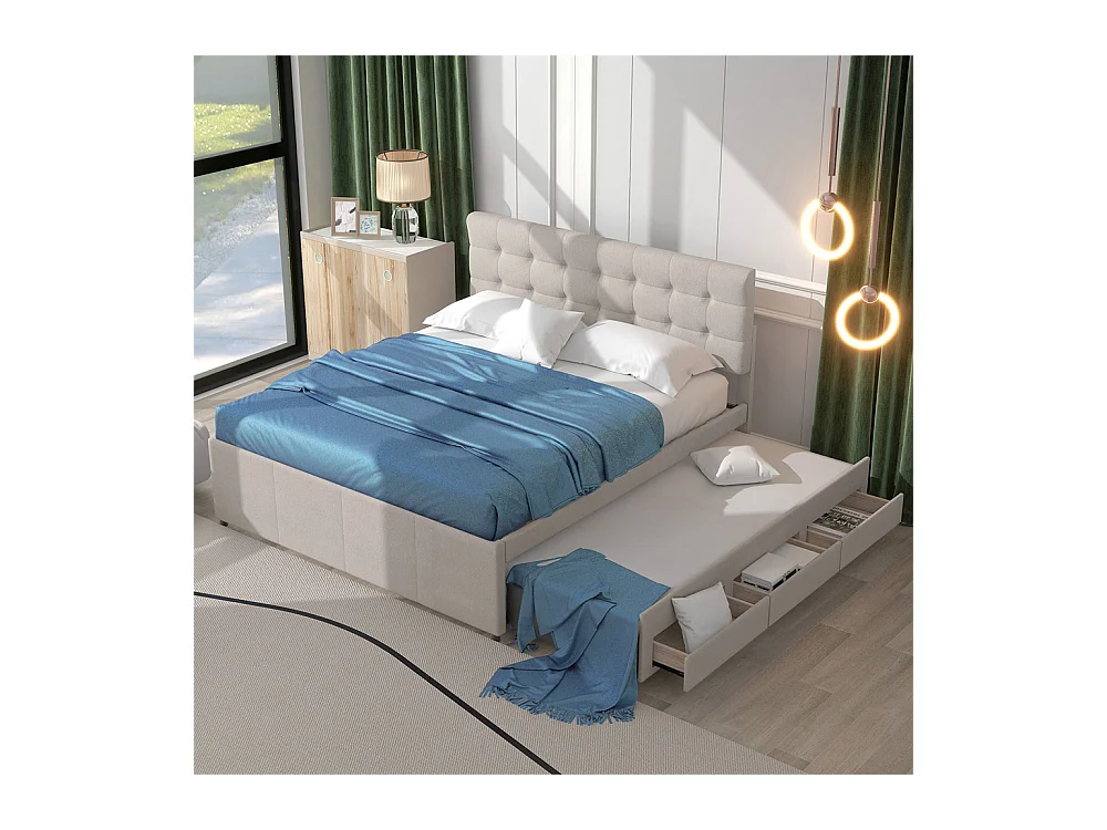 Volwassen bed 140x200 cm gestoffeerd bed met drie lades tweepersoonsbed beige linnen