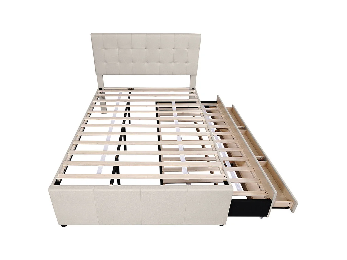 Volwassen bed 140x200 cm gestoffeerd bed met drie lades tweepersoonsbed beige linnen