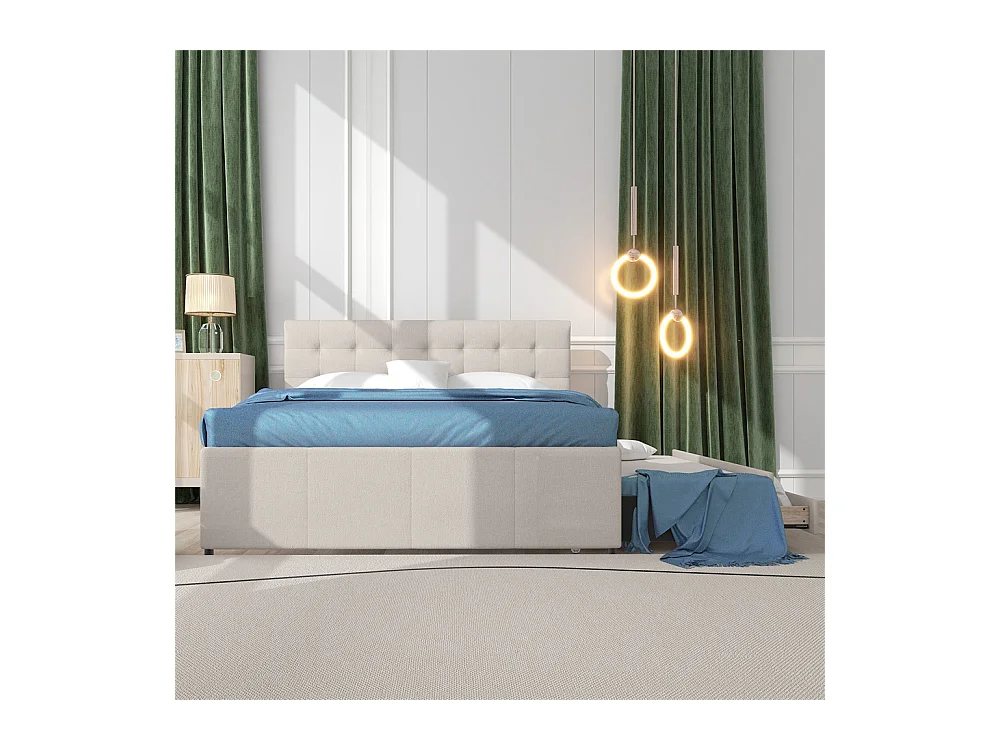 Volwassen bed 140x200 cm gestoffeerd bed met drie lades tweepersoonsbed beige linnen