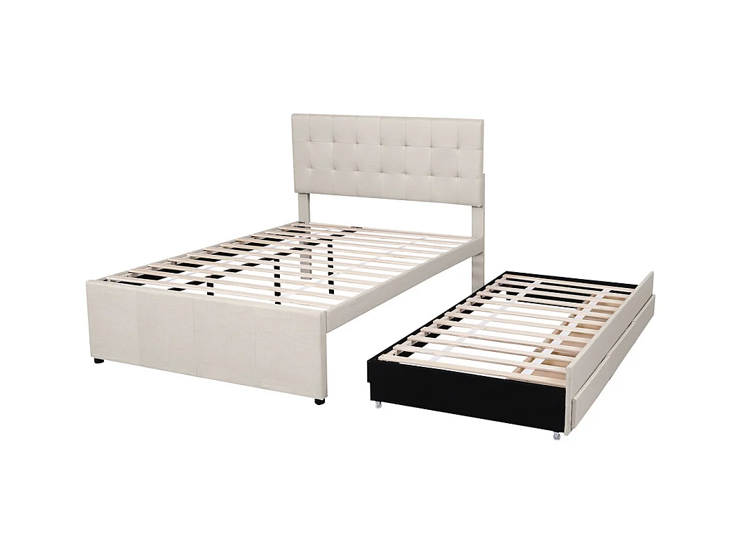 Volwassen bed 140x200 cm gestoffeerd bed met drie lades tweepersoonsbed beige linnen