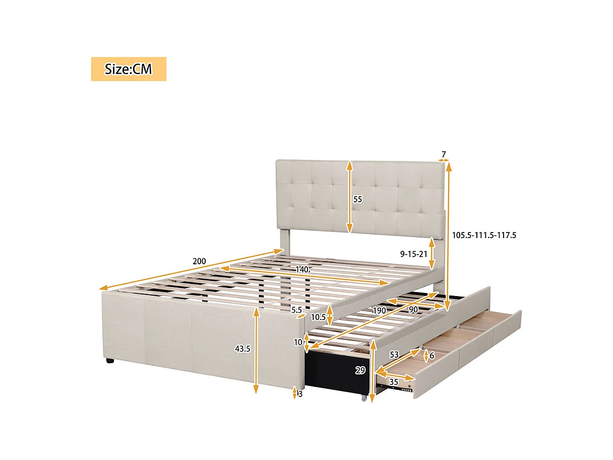Volwassen bed 140x200 cm gestoffeerd bed met drie lades tweepersoonsbed beige linnen