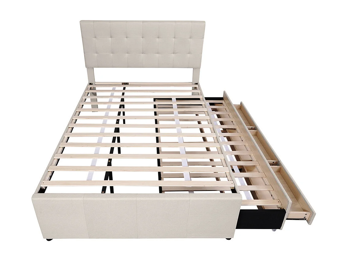 Volwassen bed 140x200 cm gestoffeerd bed met drie lades tweepersoonsbed beige linnen