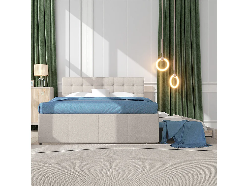 Volwassen bed 140x200 cm gestoffeerd bed met drie lades tweepersoonsbed beige linnen