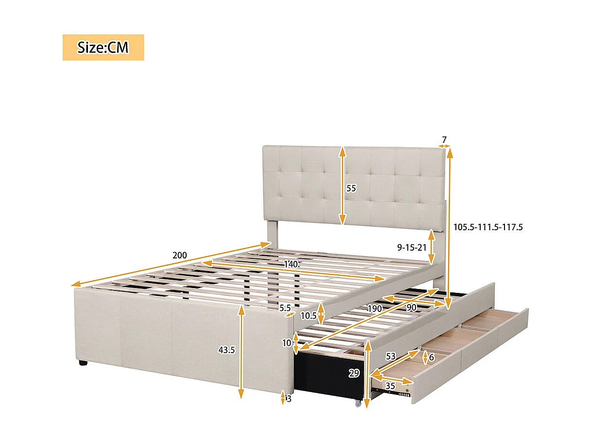 Volwassen bed 140x200 cm gestoffeerd bed met drie lades tweepersoonsbed beige linnen